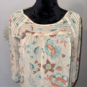 Lauren Conrad Women’s Sheer Beige Orange Green Gray Floral Blouse Shirt BOHO